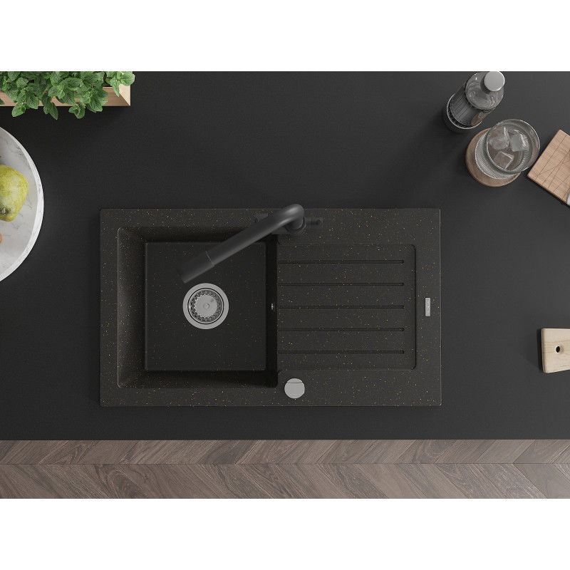 Mexen Pablo granitový dřez s 1 komorou, odkapávačem a kuchyňskou baterií Duero, černý/zlatý metalický - 6510-75-671600-70