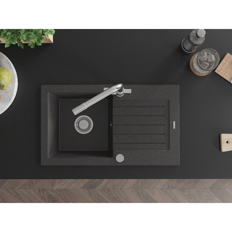 Mexen Pablo granitový dřez 1-komorový s odkapávačem a kuchyňskou baterií Duero, černý tečkovaný - 6510-76-671600-00
