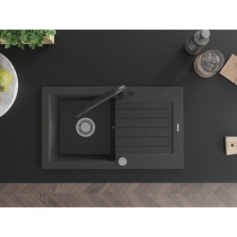 Mexen Pablo granitový dřez s 1 komorou, odkapávačem a kuchyňskou baterií Duero, černý krupicový - 6510-76-671600-70