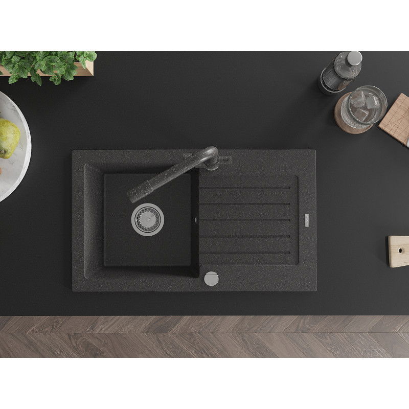 Mexen Pablo jednokomorový granitový dřez s odkapávačem a kuchyňskou baterií Duero, černý s tečkami - 6510-76-671600-76