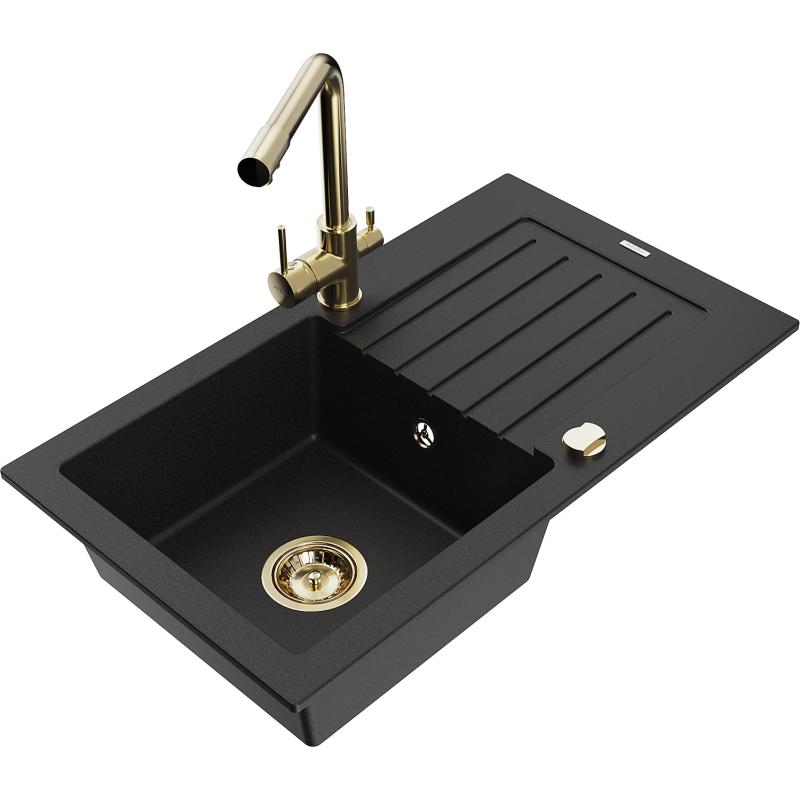 Mexen Pablo granitový dřez s odkapávačem a kuchyňskou baterií Duero, černý - 6510-77-671600-50