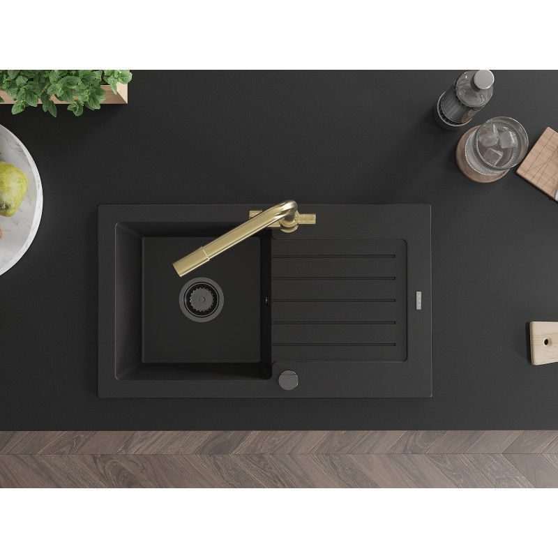 Mexen Pablo žulový kuchyňský dřez s jednou komorou a odkapávačem a kuchyňskou baterií Duero, černý - 6510-77-671600-50-B