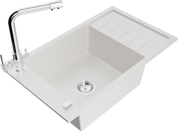Mexen Elias granitový dřez 1-komorový s odkapávačem a kuchyňskou baterií Duero, bílý - 6511-20-671600-00