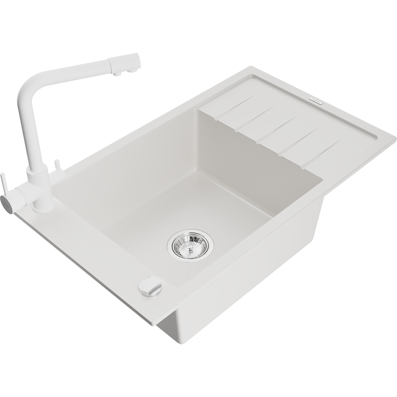 Mexen Elias granitový dřez s 1 komorou, odkapávačem a kuchyňskou baterií Duero, bílý - 6511-20-671600-20