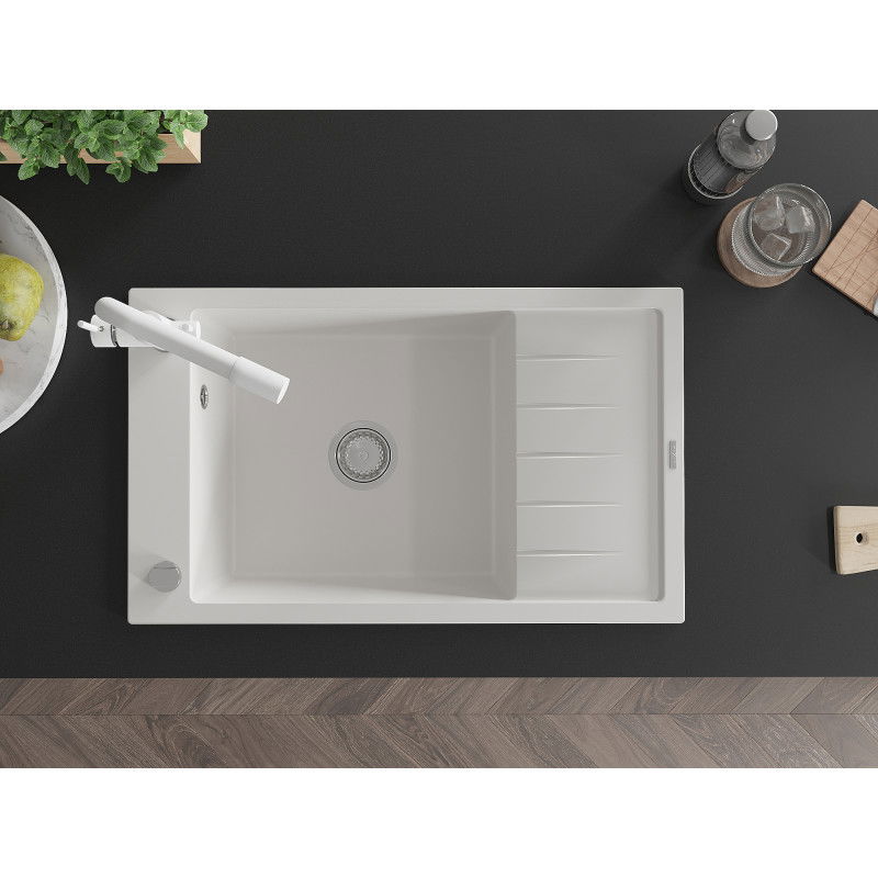 Mexen Elias granitový dřez s 1 komorou, odkapávačem a kuchyňskou baterií Duero, bílý - 6511-20-671600-20