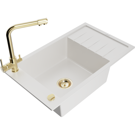 Mexen Elias dřez granitový 1-komorový s odkapávačem a kuchyňskou baterií Duero, bílý - 6511-20-671600-50