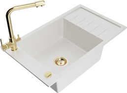 Mexen Elias dřez granitový 1-komorový s odkapávačem a kuchyňskou baterií Duero, bílý - 6511-20-671600-50