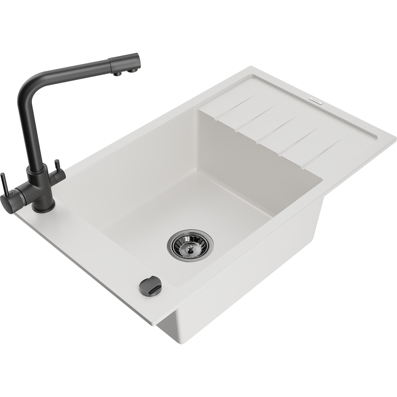 Mexen Elias granitový dřez 1-komorový s odkapávačem a kuchyňskou baterií Duero, bílý - 6511-20-671600-70