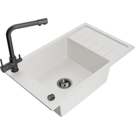 Mexen Elias granitový dřez 1-komorový s odkapávačem a kuchyňskou baterií Duero, bílý - 6511-20-671600-70