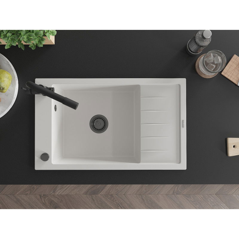 Mexen Elias granitový dřez 1-komorový s odkapávačem a kuchyňskou baterií Duero, bílý - 6511-20-671600-70