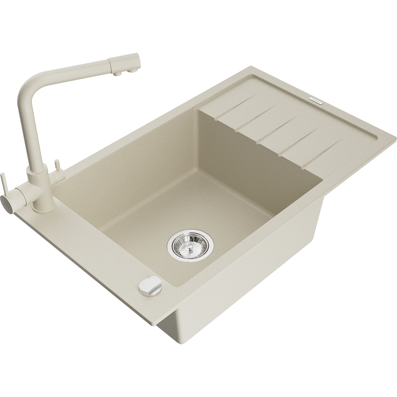 Mexen Elias granitový dřez 1-komorový s odkapávačem a kuchyňskou baterií Duero, béžový - 6511-69-671600-69
