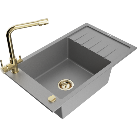 Mexen Elias granitový kuchyňský dřez 1-komorový s odkapávačem a kuchyňskou baterií Duero, šedý - 6511-71-671600-50
