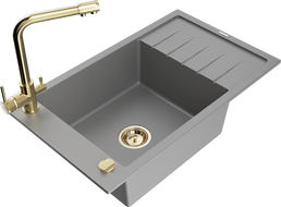 Mexen Elias granitový kuchyňský dřez 1-komorový s odkapávačem a kuchyňskou baterií Duero, šedý - 6511-71-671600-50
