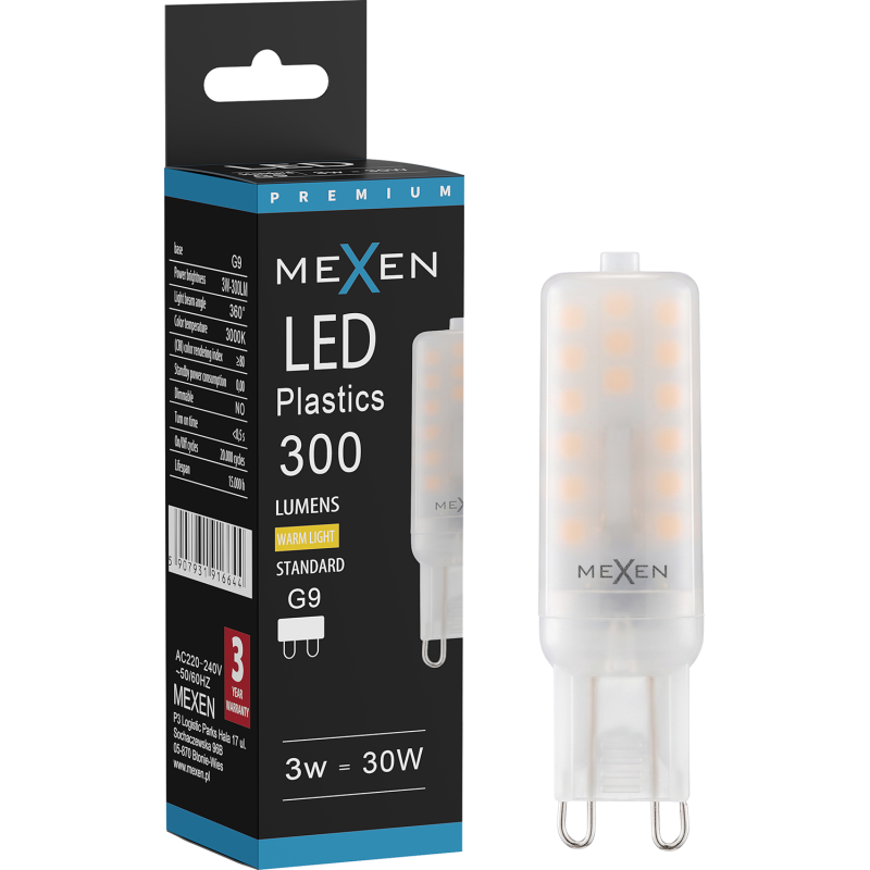 Mexen Aura LED žárovka G9, 3W, Teplá - 3000K, 300 lm - L120-G9-0330-01