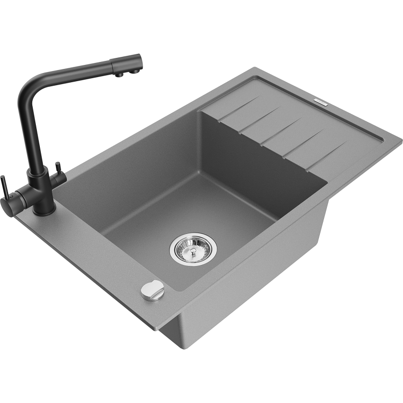 Mexen Elias granitový kuchyňský dřez 1-komorový s odkapávačem a kuchyňskou baterií Duero, šedý - 6511-71-671600-70