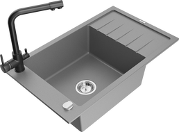 Mexen Elias granitový kuchyňský dřez 1-komorový s odkapávačem a kuchyňskou baterií Duero, šedý - 6511-71-671600-70