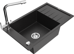 Mexen Elias granitový jednodřezu s odkapávací plochou a kuchyňskou baterií Duero, černý/stříbrný metalik - 6511-73-671600-00