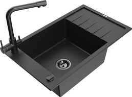 Mexen Elias granitový dřez 1-komorový s odkapávačem a dřezovou baterií Duero, černý/stříbrný metalik - 6511-73-671600-70-B