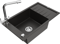 Mexen Elias granitový dřez 1-komorový s odkapávačem a kuchyňskou baterií Duero, černý/zlatý metalik - 6511-75-671600-00