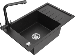 Mexen Elias granitový dřez 1-komorový s odkapávačem a kuchyňskou baterií Duero, černý/stříbrný metalik - 6511-73-671600-70