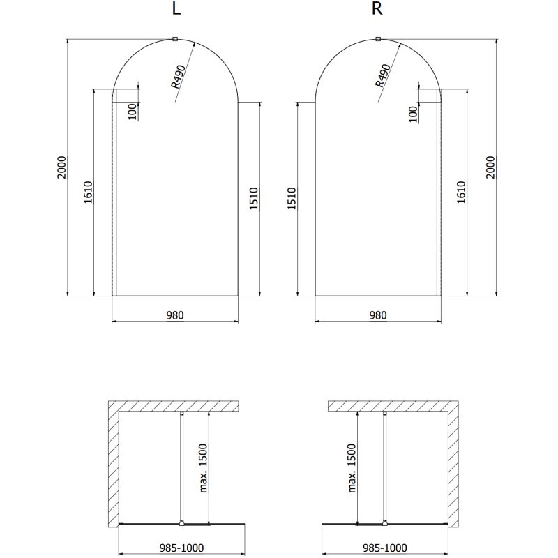 Mexen Kioto-Q sprchová stěna Walk-in 100 x 200 cm, průhledná 8 mm, kartáčovaný nikl - 800-100-101-97-00-Q