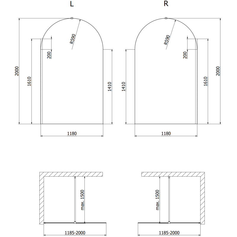 Mexen Kioto-Q sprchová stěna Walk-in 120 x 200 cm, transparentní 8 mm, kartáčovaný nikl - 800-120-101-97-00-Q