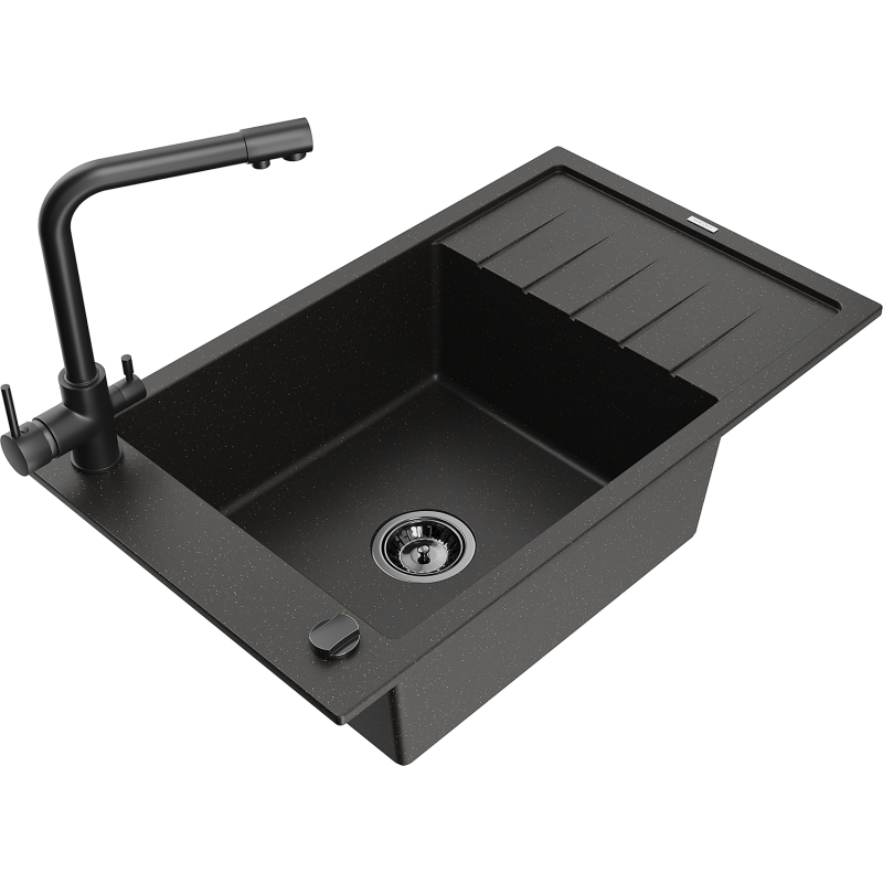 Mexen Elias granitový dřez 1-komorový s odkapávačem a kuchyňskou baterií Duero, černý/zlatý metalik - 6511-75-671600-70-B