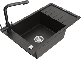 Mexen Elias granitový dřez 1-komorový s odkapávačem a kuchyňskou baterií Duero, černý/zlatý metalik - 6511-75-671600-70