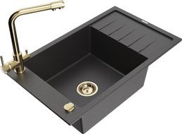 Mexen Elias granitový dřez s 1 vanou s odkapávačem a kuchyňskou baterií Duero, černý s bílými tečkami - 6511-76-671600-50