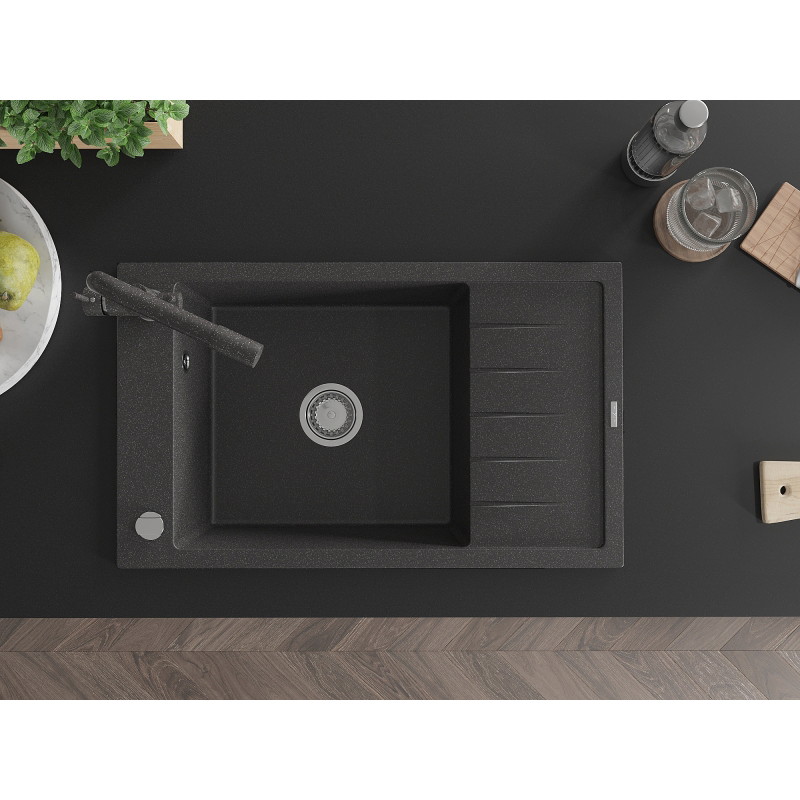 Mexen Elias granitový dřez s 1 komorou, odkapávačem a kuchyňskou baterií Duero, černý kropenatý - 6511-76-671600-76
