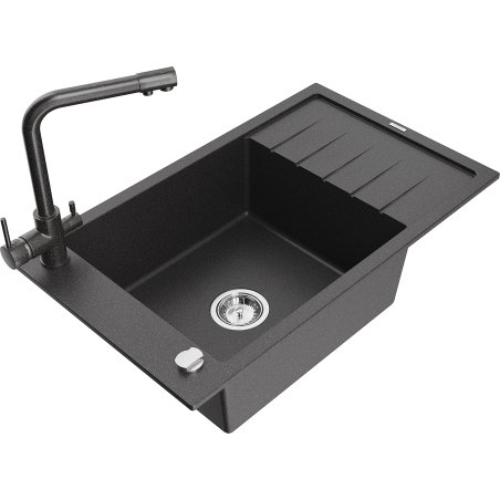 Mexen Elias granitový dřez s jednou komorou, odkapávačem a kuchyňskou baterií Duero, černý skvrnitý - 6511-76-671600-76