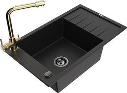 Mexen Elias granitový dřez s 1 komorou, odkapávačem a kuchyňskou baterií Duero, černý - 6511-77-671600-50-B