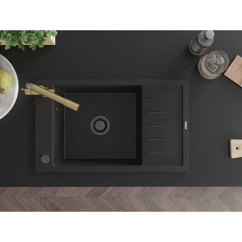 Mexen Elias granitový dřez s 1 komorou, odkapávačem a kuchyňskou baterií Duero, černý - 6511-77-671600-50-B