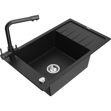 Mexen Elias granitový dřez 1-komorový s odkapávačem a kuchyňskou baterií Duero, černý - 6511-77-671600-70