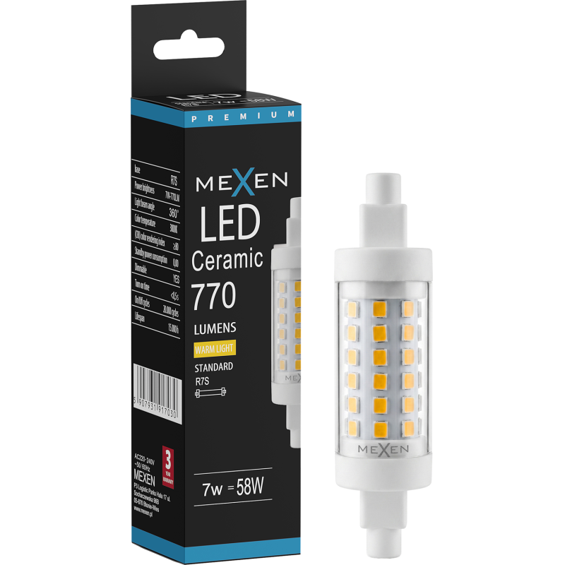 Mexen Vega Stmívatelná LED žárovka R7S, 7 W, Teplá - 3000K, 770 lm - L125-R7S-0730-01