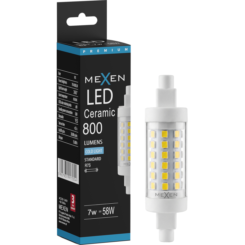 Mexen Vega Stmívatelná LED žárovka R7S, 7W, Studená - 6500K, 800 lm - L125-R7S-0765-01