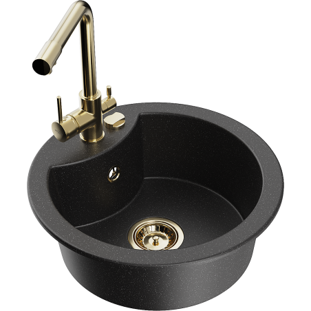 Mexen Diego jednokomorový žulový dřez s kuchyňskou baterií Duero, černý/stříbrný metalik - 6512-73-671600-50