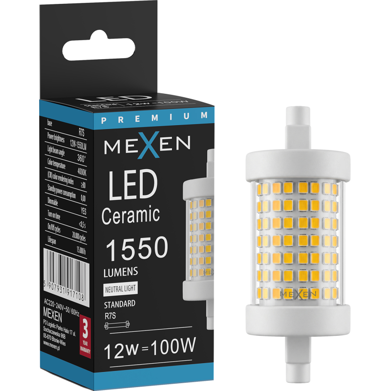 Mexen Vega Stmívatelná LED žárovka R7S, 12W, Neutrální - 4000K, 1550 lm - L125-R7S-1240-01