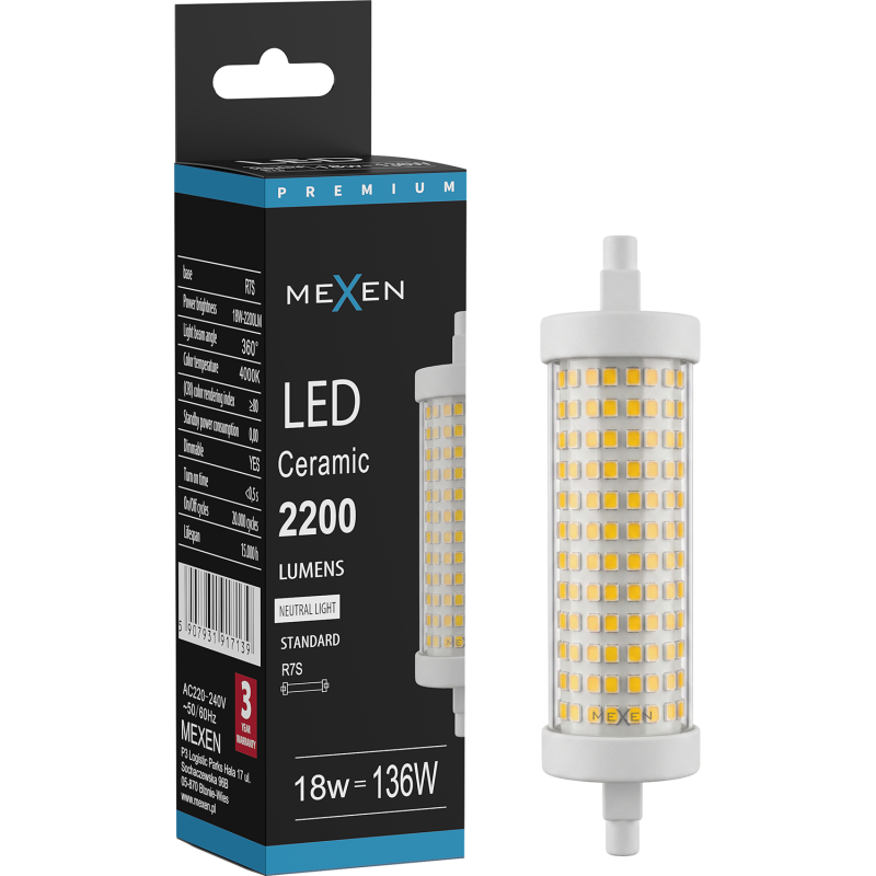 Mexen Vega Stmívatelná LED žárovka R7S, 18W, Neutrální - 4000K, 2200 lm - L125-R7S-1840-02