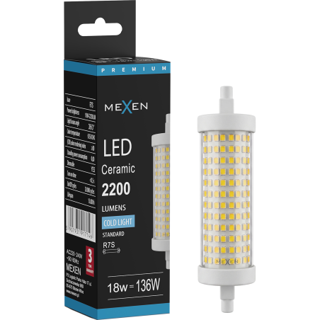 Mexen Vega LED žárovka stmívatelná R7S, 18W, Studená - 6500K, 2200 lm - L125-R7S-1865-02