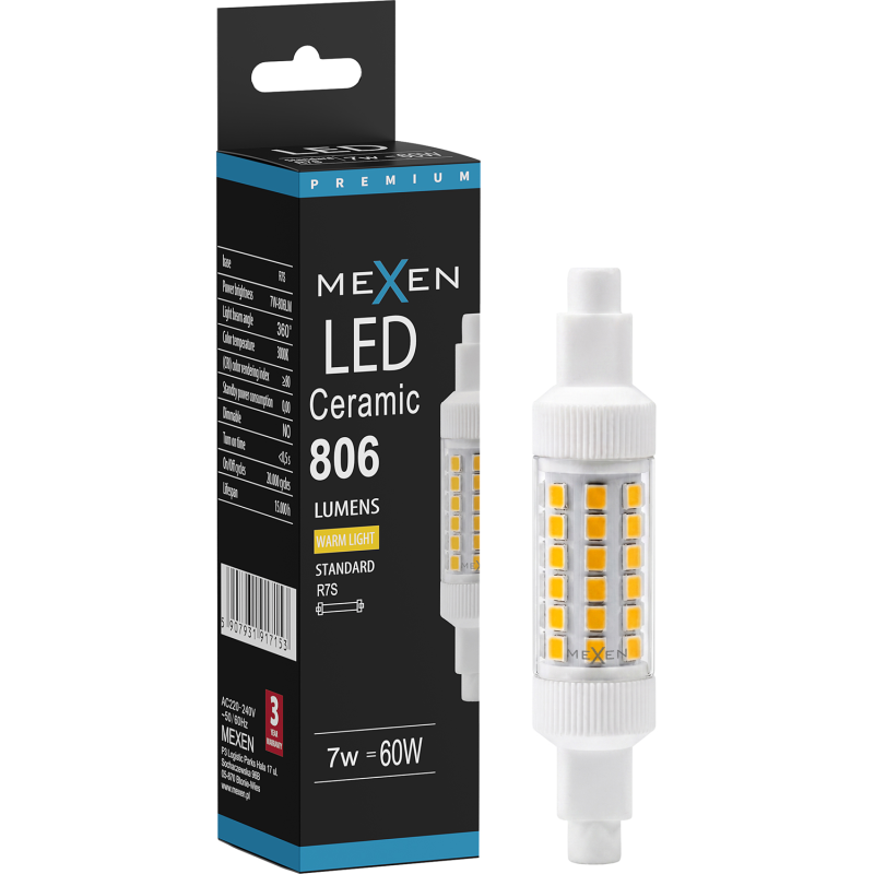 Mexen Vega LED žárovka R7S, 7W, Teplá - 3000K, 806 lm - L126-R7S-0730-01