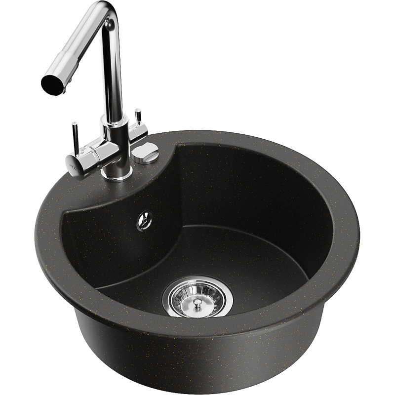 Mexen Diego granitový dřez 1-komorový s kuchyňskou baterií Duero, černý/zlatý metalický - 6512-75-671600-00