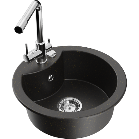 Mexen Diego granitový dřez 1-komorový s kuchyňskou baterií Duero, černý/zlatý metalický - 6512-75-671600-00