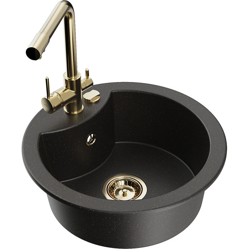 Mexen Diego granitový dřez 1-komorový s kuchyňskou baterií Duero, černý/zlatý metalik - 6512-75-671600-50