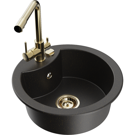 Mexen Diego granitový dřez 1-komorový s kuchyňskou baterií Duero, černý/zlatý metalik - 6512-75-671600-50