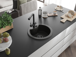 Mexen Diego granitový dřez 1-komorový s kuchyňskou baterií Duero, černý/zlatý metalický - 6512-75-671600-70-B