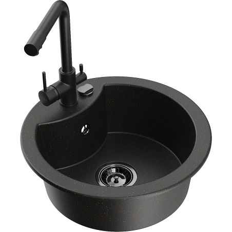 Mexen Diego granitový dřez 1-komorový s kuchyňskou baterií Duero, černý/zlatý metalický - 6512-75-671600-70-B