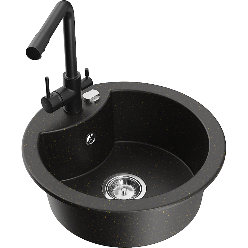 Mexen Diego granitový dřez 1-komorový s kuchyňskou baterií Duero, černý/zlatý metalik - 6512-75-671600-70