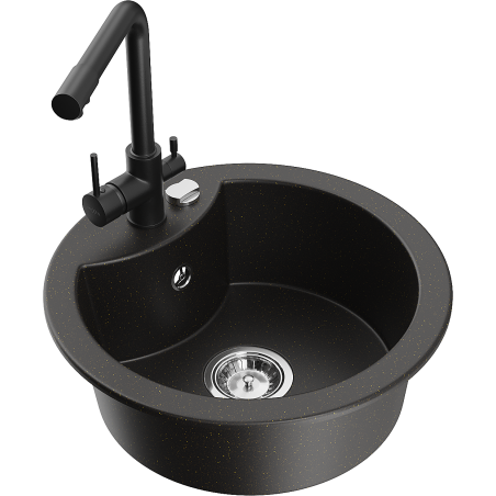 Mexen Diego granitový dřez 1-komorový s kuchyňskou baterií Duero, černý/zlatý metalik - 6512-75-671600-70