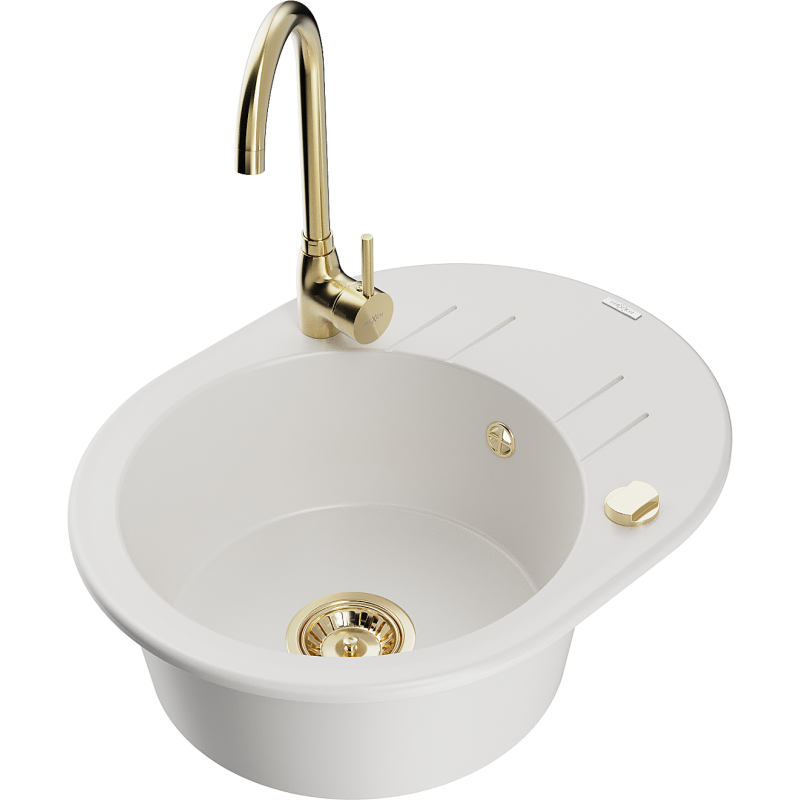 Mexen Kevin granitový dřez 1-komorový s odkapávačem a kuchyňskou baterií Telma, bílý - 6517-20-670200-50